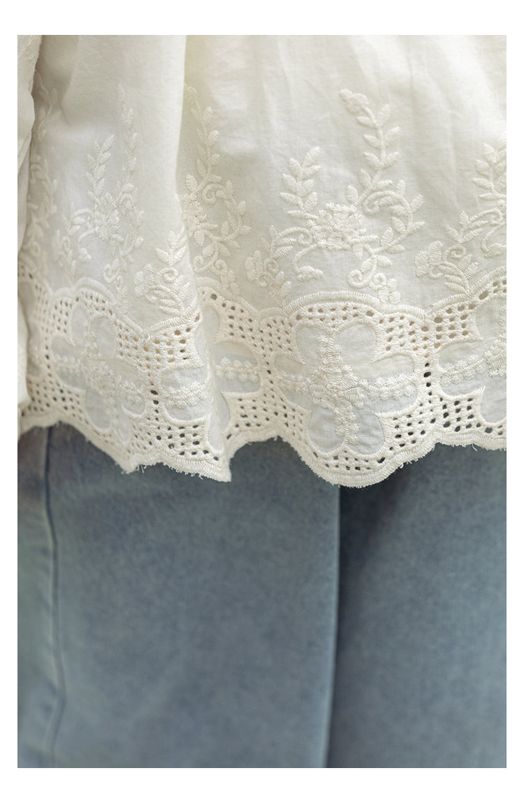 חולצה לבנה עם שרוולים ארוכים עם רקמה לבנה - 100% כותנה