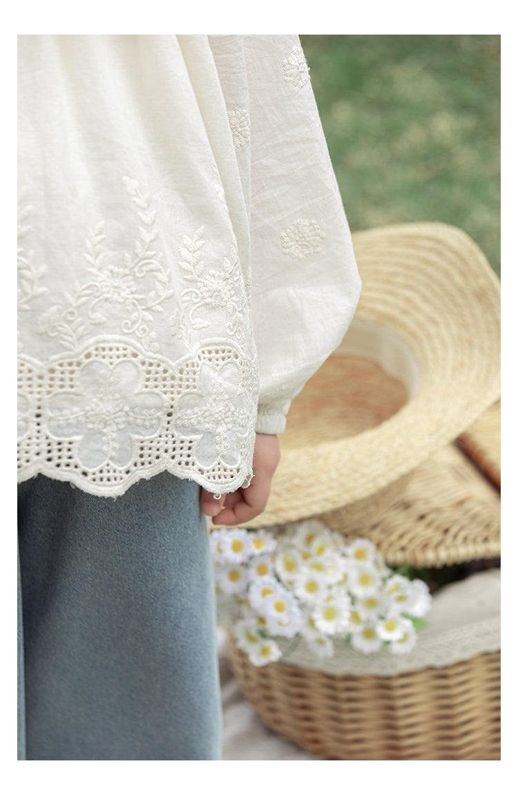 חולצה לבנה עם שרוולים ארוכים עם רקמה לבנה - 100% כותנה