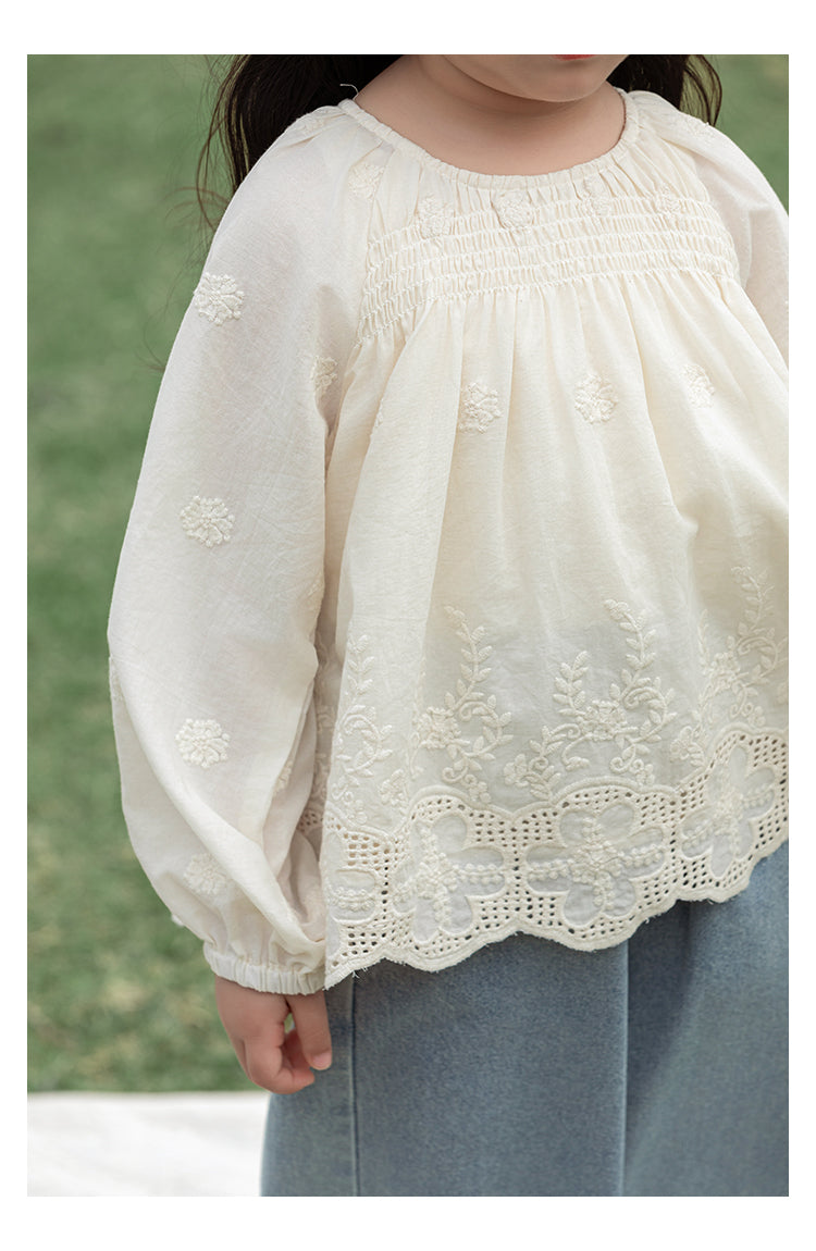 חולצה לבנה עם שרוולים ארוכים עם רקמה לבנה - 100% כותנה